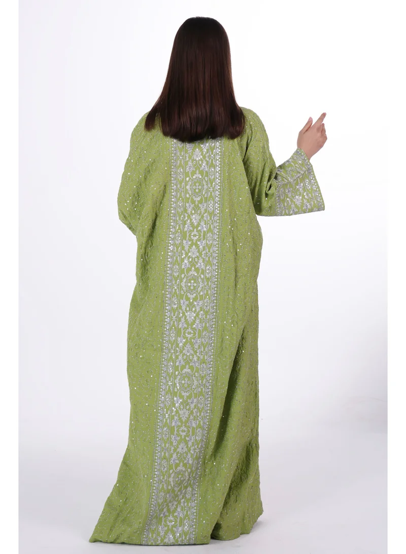 AL BENT AL SHARQIEH kiwi Embroidered Linen Jalabiya dress with unvisible belt for Women | Best Price UAE